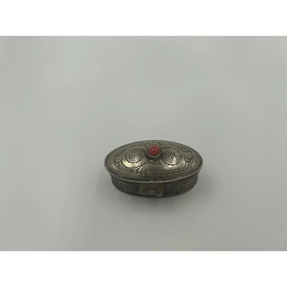 Vintage Berber Metal Pill Box Ornate Coral Genstome Snuff Box